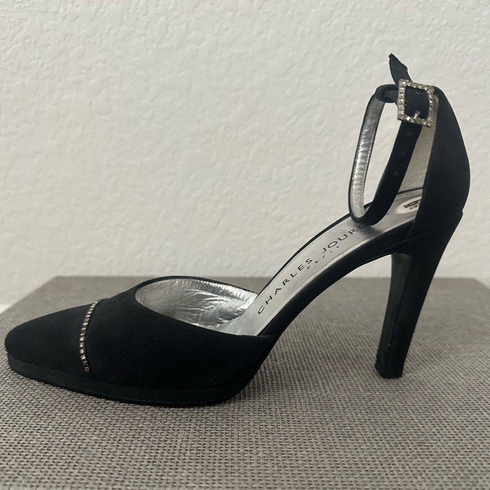 Elegant Black Charles Jourdan Heels with Rhinestone Accents - Worn Once